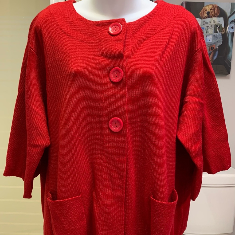 Kasper Woman Vibrant Red Knit 3/4 Sleeve Cardigan Jacket Plus Size 1X EUC